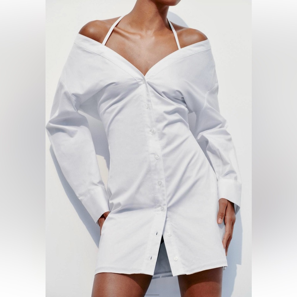 Zara NWT gabardine white off the shoulder button front trench coat shirt dress - Picture 5 of 15